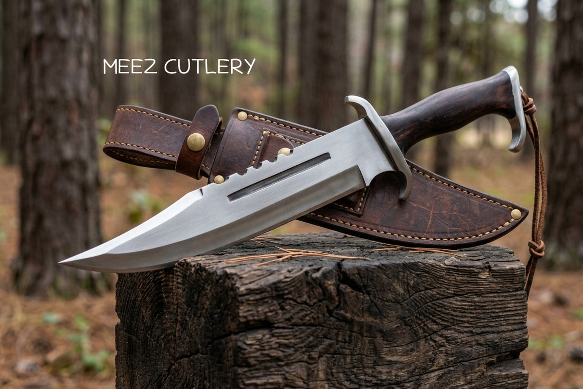 15" Stainless Steel Sawback Bowie Field Knife - Dark Wood