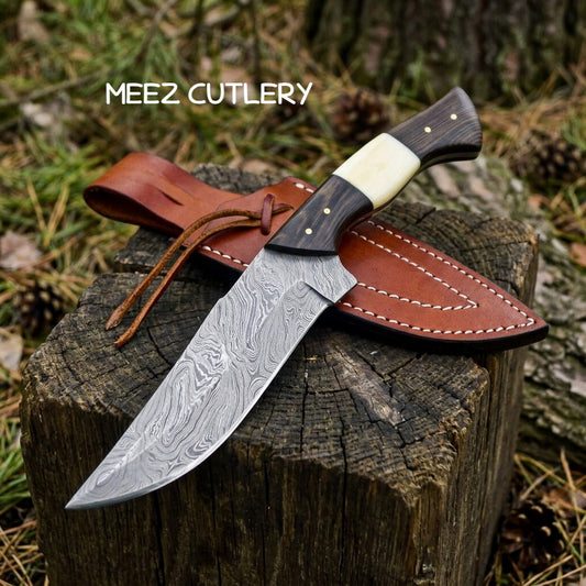 Hand-Forged 11" Damascus Field Knife - Wenge Wood & Bone